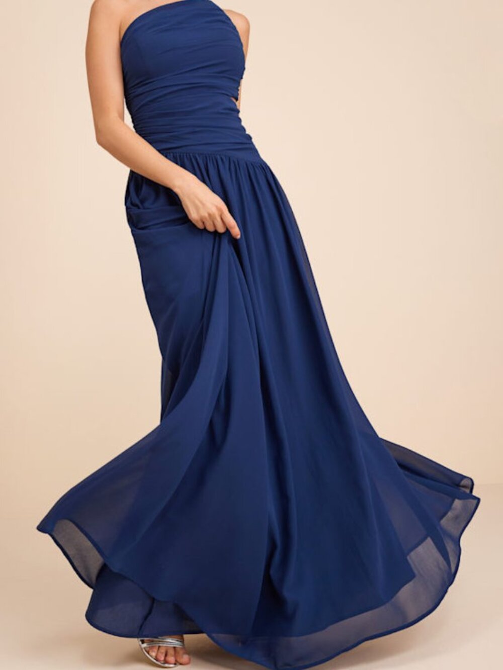 Lulus Marcela Navy Blue Ruched One-shoulder Maxi Dress - Size M